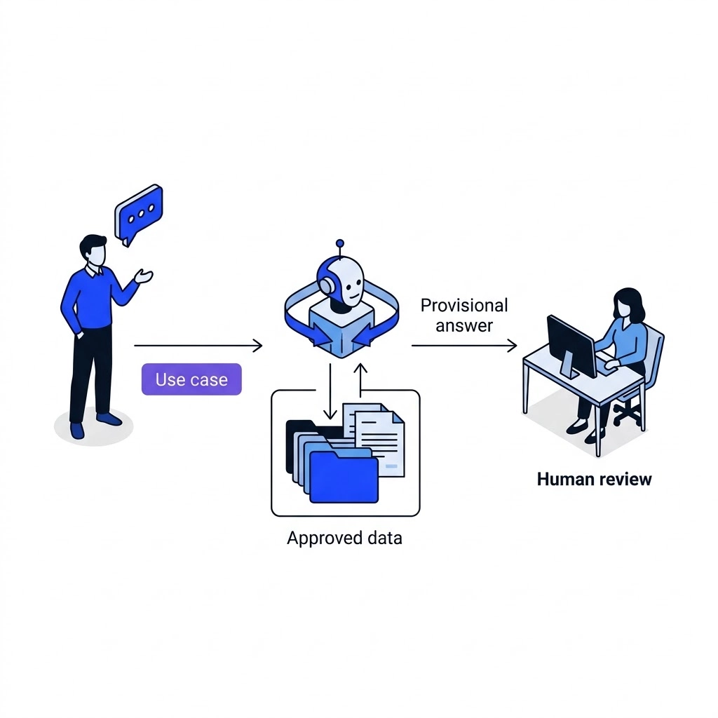 Illustration of a knowledge assistant workflow using approved documents and human review