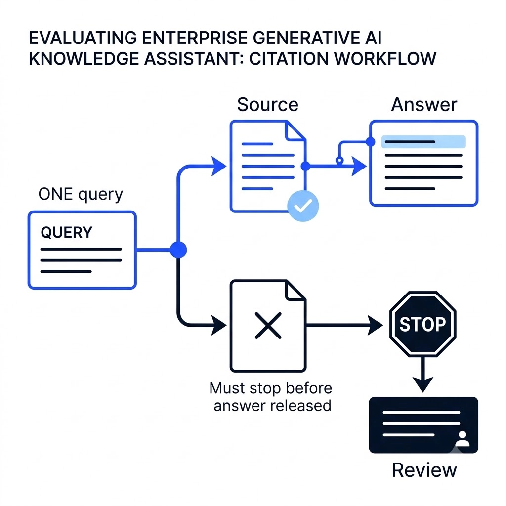 Diagram contrasting a source-supported AI answer with an unsupported question routed to human review