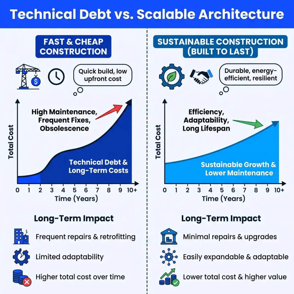 Comparison chart between fast and cheap construction and sustainable construction regarding long-term costs