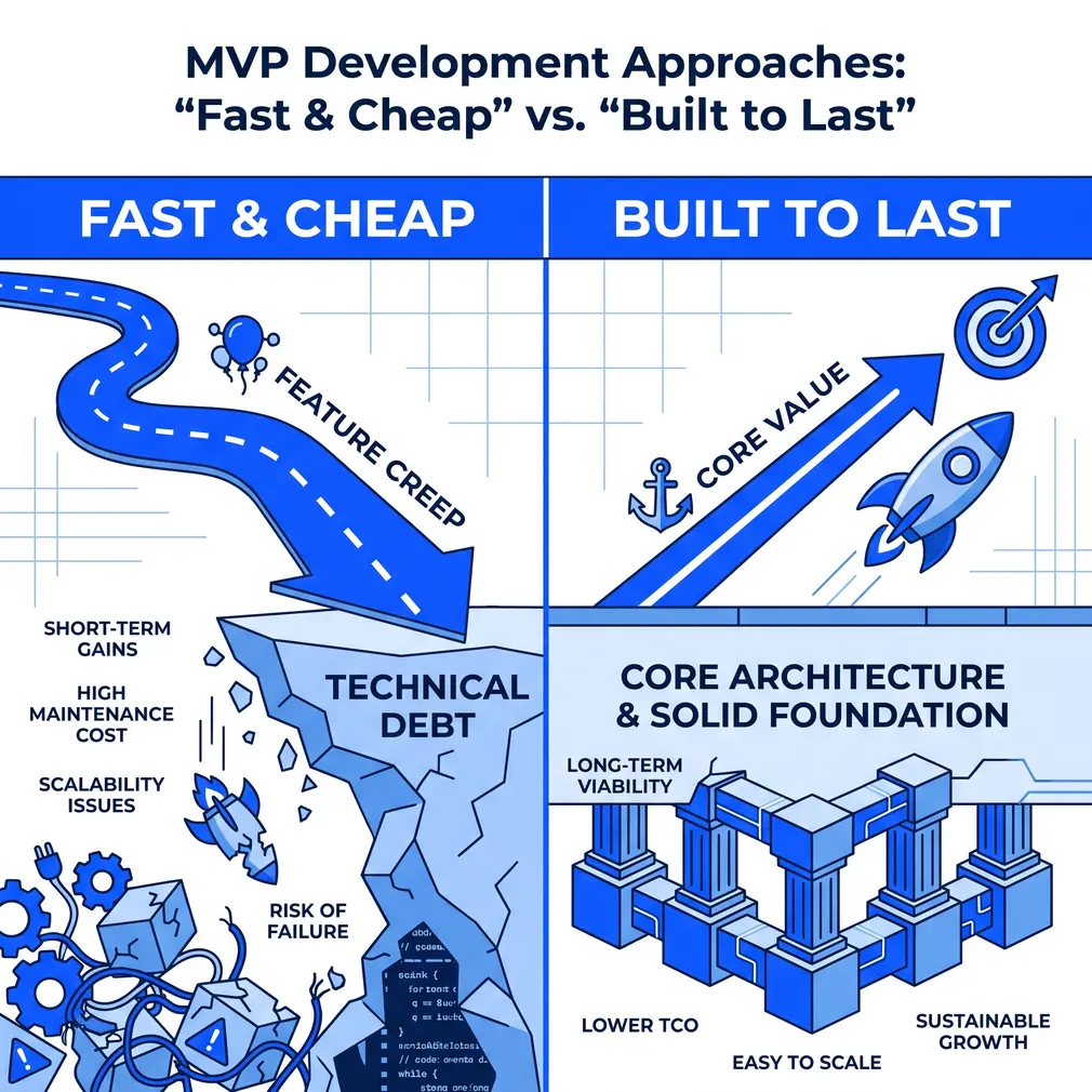 A comparison chart between the Quick & Cheap MVP development approach