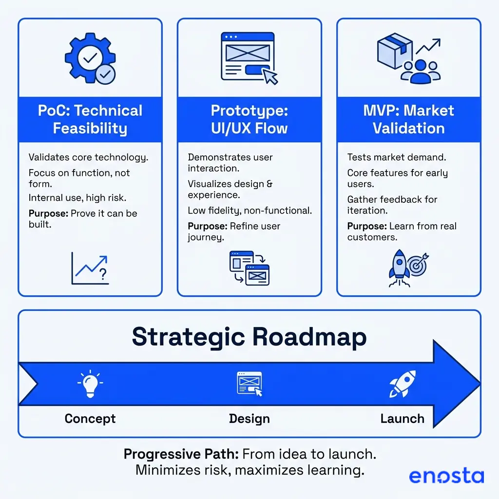 Comparing the three phases of Proof of Concept (PoC), Prototype, and MVP to help businesses position their products